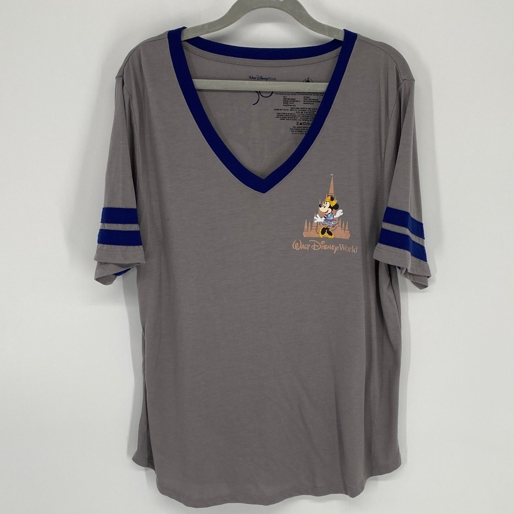 Disney World Minnie Mouse 50th Anniversary Gray V-Neck T-Shirt with Blue Trim XL